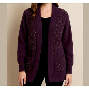 VINTAGE lambswool & angora sweater cardigan coat fully lined crochet & beads Med